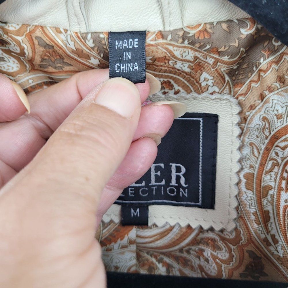 Adler Collection Lamb Skin Leather Moto Jacket M Cream Retro 70s Studded Zip - Picture 15 of 16
